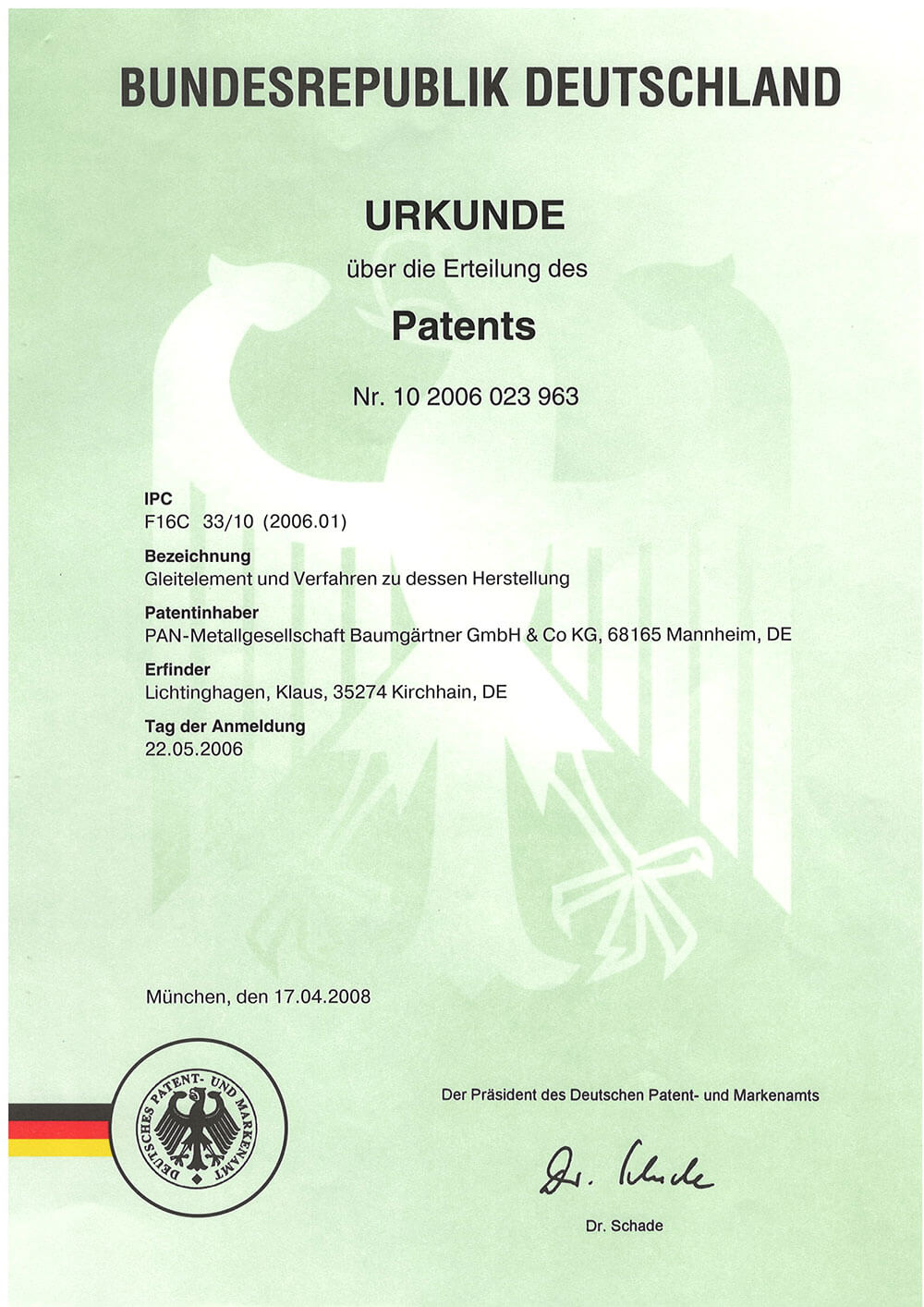 Certificate Patent sliding elements